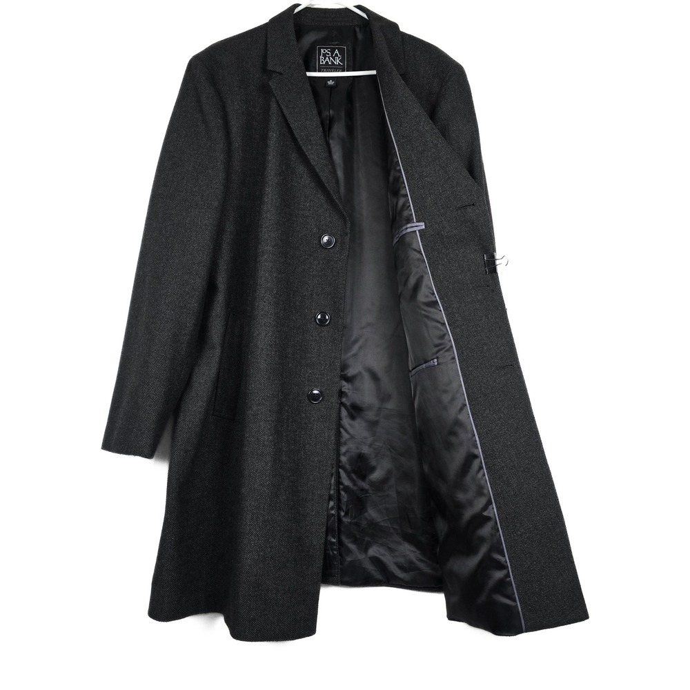 Jos A Bank Traveler Mens 50R Charcoal Grey Herringbone Wool Blend Overcoat